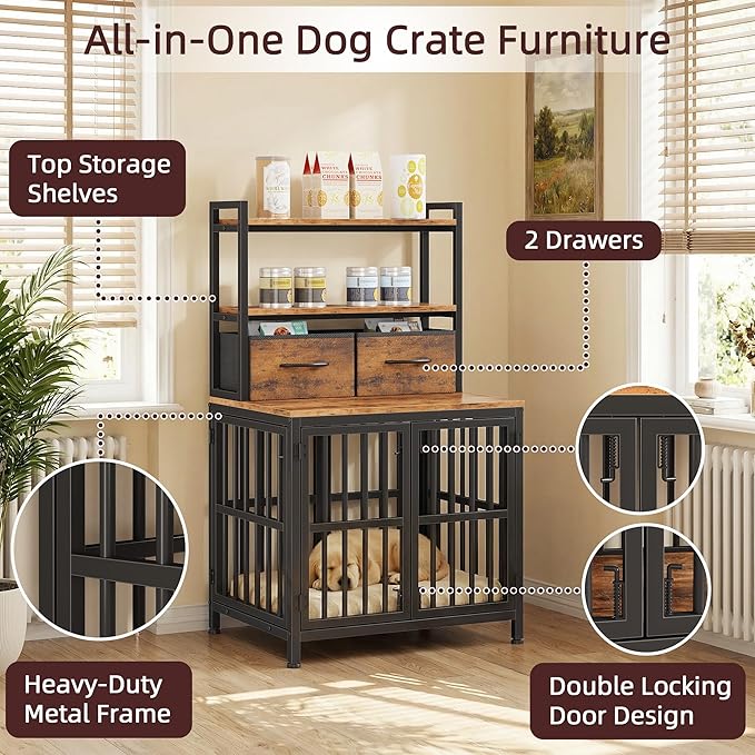 HIGDBFE Dog Crate Furniture with Drawer & Shelf, 25.5" Small Dog Crate with Lockable Doors, Indoor Dog Kennel Furniture for Medium, Small Dogs, Anti-Chew Dog Cage with Storage, Rustic Brown, 43.7" H