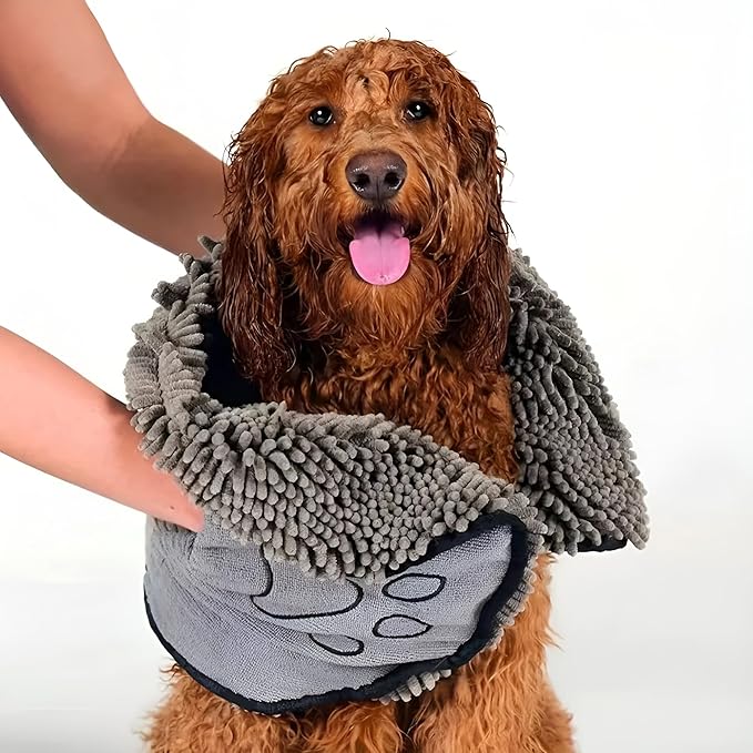 Super Absorbent Dog Drying Towel - 24.4''x10'' Chenille Microfiber Pet Bath Towel with Dual Hand Pockets, Quick Dry Soft Grooming Towel for Small Medium Large Dogs and Cats, Machine Washable (Gray)