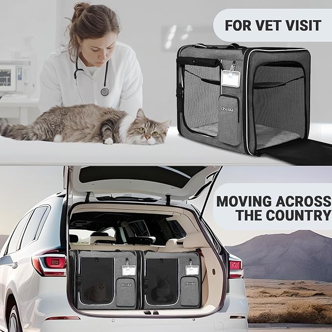 Petskd 2 in 1 Double Cat Car Travel Carrier with Litter Box, 38"x17"x18" Portable Dual Extra Large Cat Carrier for Multiple Cats with Zipper Locks for Moving Across The Country(Grey)