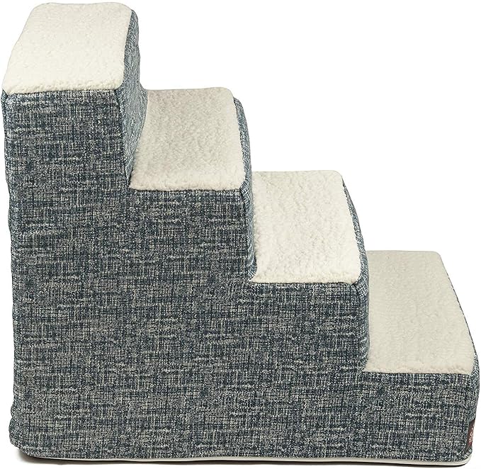 Majestic Pet 4 Step Portable Dog Stairs for Small Dogs to get on Bed Supports 250 lbs or Less–Dog Steps for High Bed with Machine Washable Cover–Pet Stairs for Cats Palette Heathered Navy Blue Denim