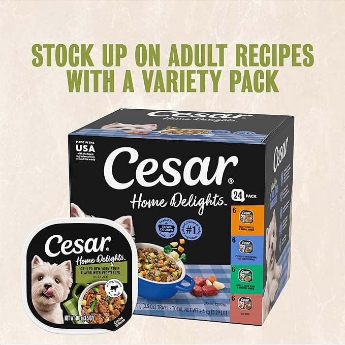 Cesar Home Delights Adult Wet Dog Food, Grilled New York Strip Flavor with Vegetables in Sauce, 3.5 oz. Easy Peel Dog Food Tray, 24 Count (Pack of 1)