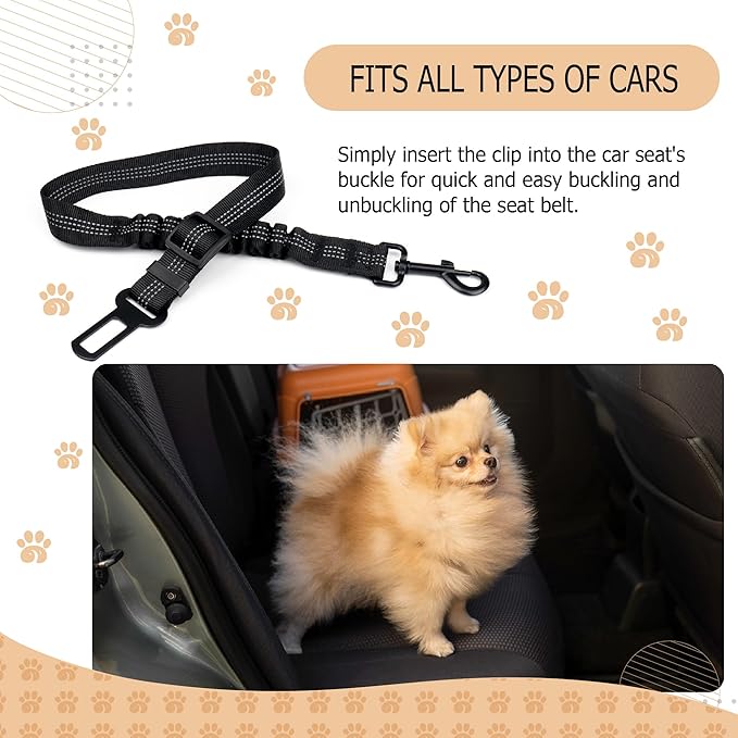 Reflective Bungee Dog Seatbelt Set of 2 with Hook, Adjustable Heavy Duty Elastic Pet Seat Belt for Vehicle, Durable Nylon Car Harness for Dogs, Pet Safety Travel