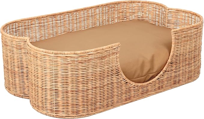 DBD1003B Scallop Handwoven Water Hyacinth Pet Bed with Machine Washable Cushion, 31" x 20" Wicker Cat and Dog Bed for Medium to Large Pets, Boho Tropical Style Basket, Light Brown