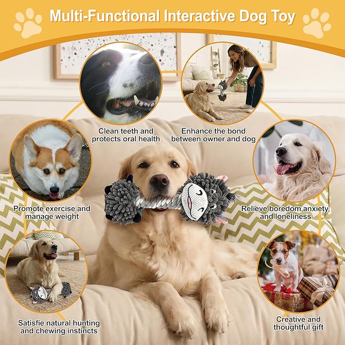 Grey Donkey Mop Plush Squeaky Dog Toy with Rope Neck Puppy Teething Chew Toy Cute Soft Funny Durable Interactive Tug of War Dog Rope Toy for Small Medium Large Dogs Toy Gift 28cm/11.02in