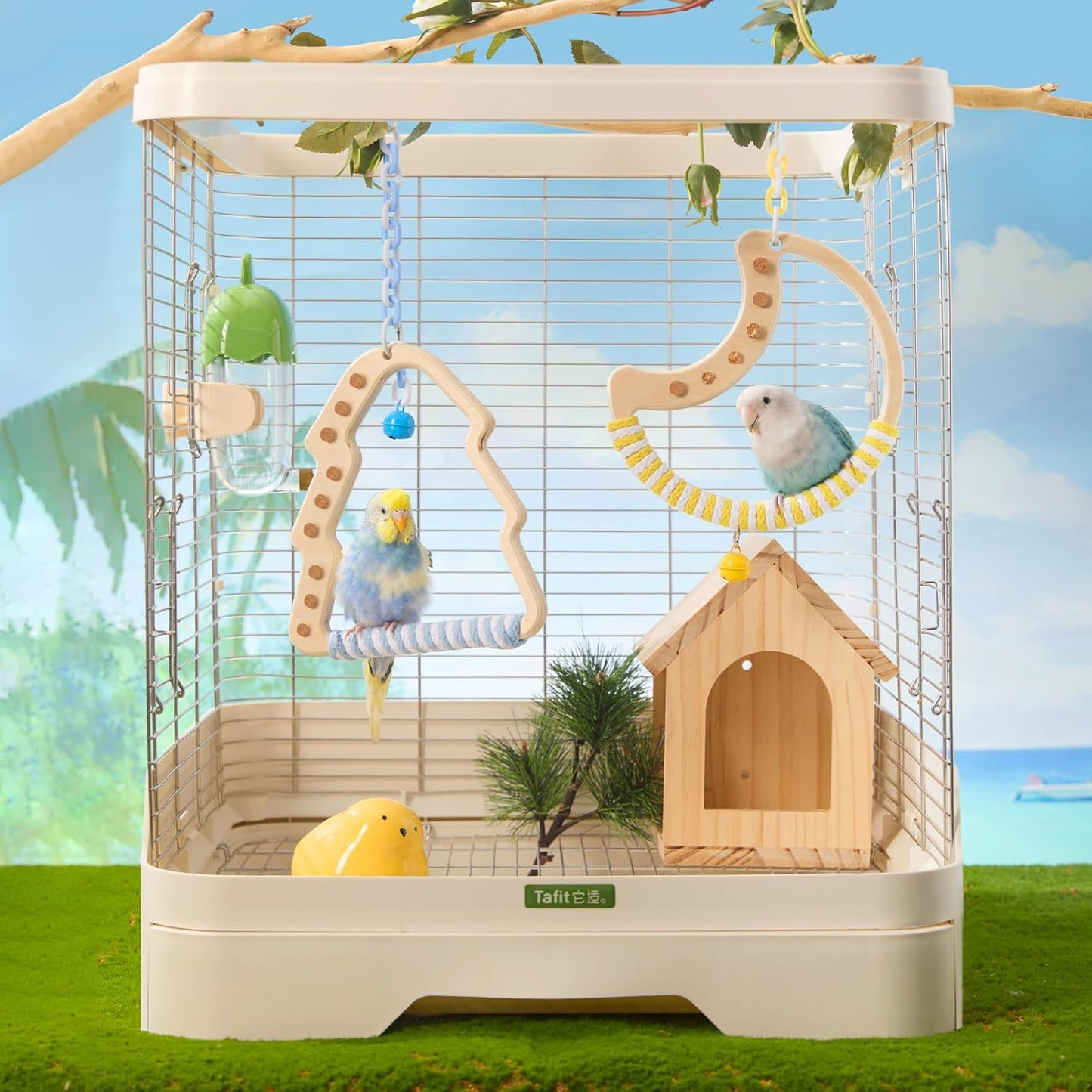 Natural Bird Swing - Moon-Shaped Parrot Perch with Bell and Cork Toys, Spinning Wooden Stand for Parakeets, Budgies, Lovebirds and Small/Medium Birds (White + Blue)
