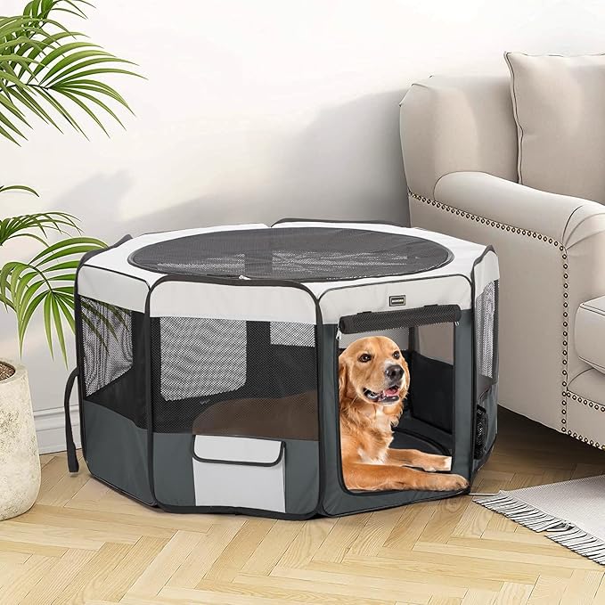 DONORO Dog Playpen Portable Pet Play Pens for Small Dog/Cat/Rabbit/Chicks, Cat Playpen Indoor/Outdoor with Carring Case, Removable Zipper Top and Bottom (Gray, Large (46"x46"x23"), 8)
