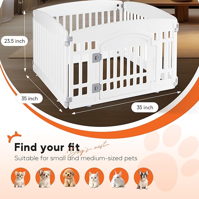 HealSmart 4 Panel Dog Playpen, 24” Exercise Puppy Playpen with Door, Safe, Secure, Folding & Portable Pet Playpen for Indoor & Outdoor Use, Suitable for Puppies and Small, White