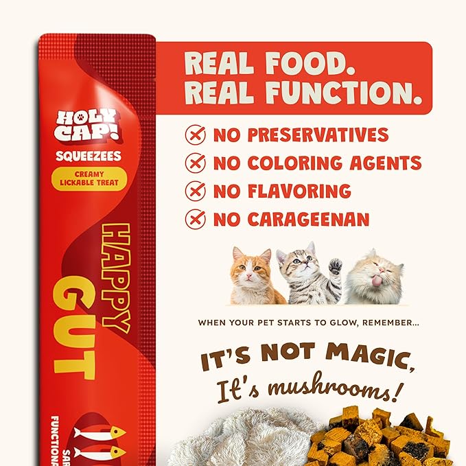 Happy Gut Grain-Free Lickable Cat Treats, 5 Squeezable Purée Tubes (0.5 oz Each), Sardine & Pumpkin Flavor, Creamy Cat Purée with Clean Ingredients, Hand-Fed Treat or Meal Topper