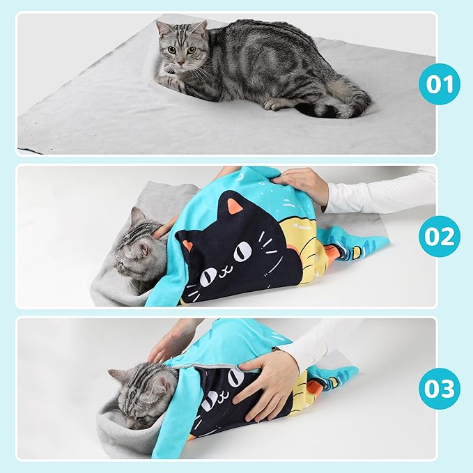 Cat Grooming Wrap27.6"*27.6", Self-Adherent Anti-Scratch Swaddle Restraint, Nail Clipping, Anti-Bite, Anti-Scratch, Anti-Escape Calming Wrap Multifunctional Care Pet Tools L