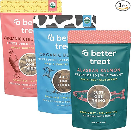 A BETTER TREAT – Freeze Dried Wild Caught Salmon, Organic Grass Fed & Finished Pasture Raised Beef, Organic Chicken Dog and Cat Treats, Single Ingredient | Healthy, Diabetic Friendly | Made in The USA