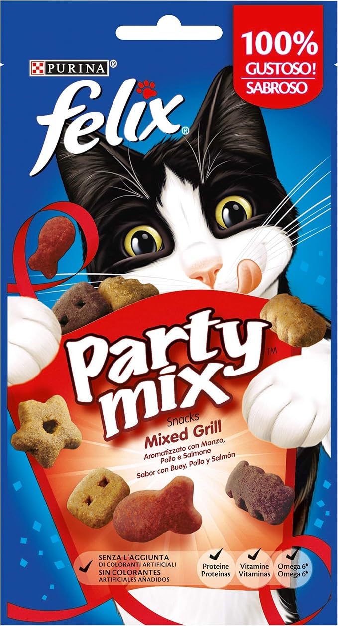 Felix Purina Party Mix Snack Cat Mixed Grill with Beef, Chicken and Salmon, 8 Packs of 60 g
