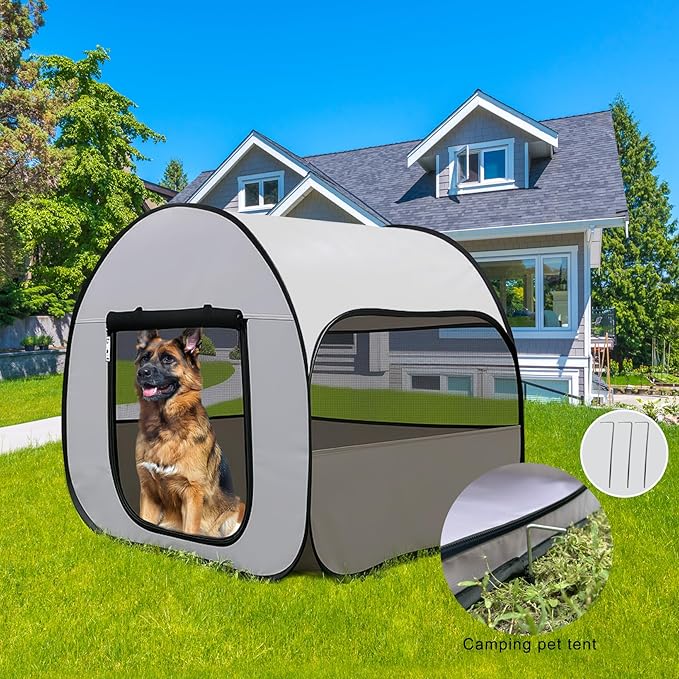 Pop-Up Dog Kennel Enclosure Large - Large Portable Outdoor Pet Crate with Carry Bag, Waterproof Travel Carrier for Camping Home, Grey