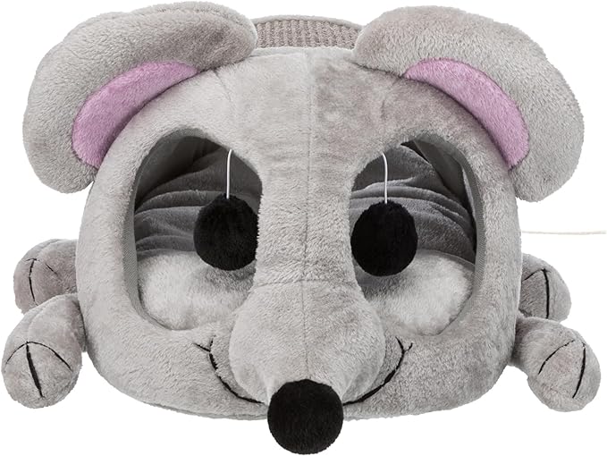 TRIXIE Lukas Cuddly Cave in Gray - Mouse-Shaped Cat Hideaway with Sisal Scratching Surface, Crinkle Ears & Interactive Cat Toys for Indoor Cats – Plush Condo, Removable Cush. 13.8" × 25.6" × 13", Gray