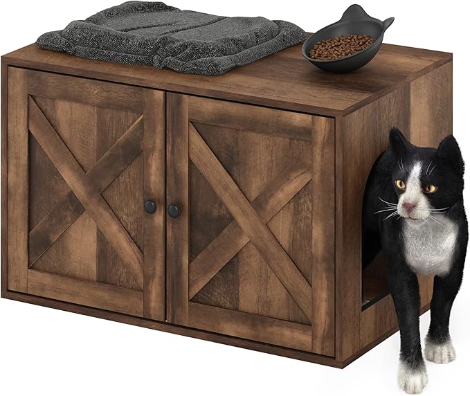 Furinno PELI Cat Litter Box Enclosure, Farmhouse Hidden Litter Box Furniture with Side Entrance, Wooden Pet House with 2 Slatted Doors, Easy Assembly, for Living Room, Rustic Brown