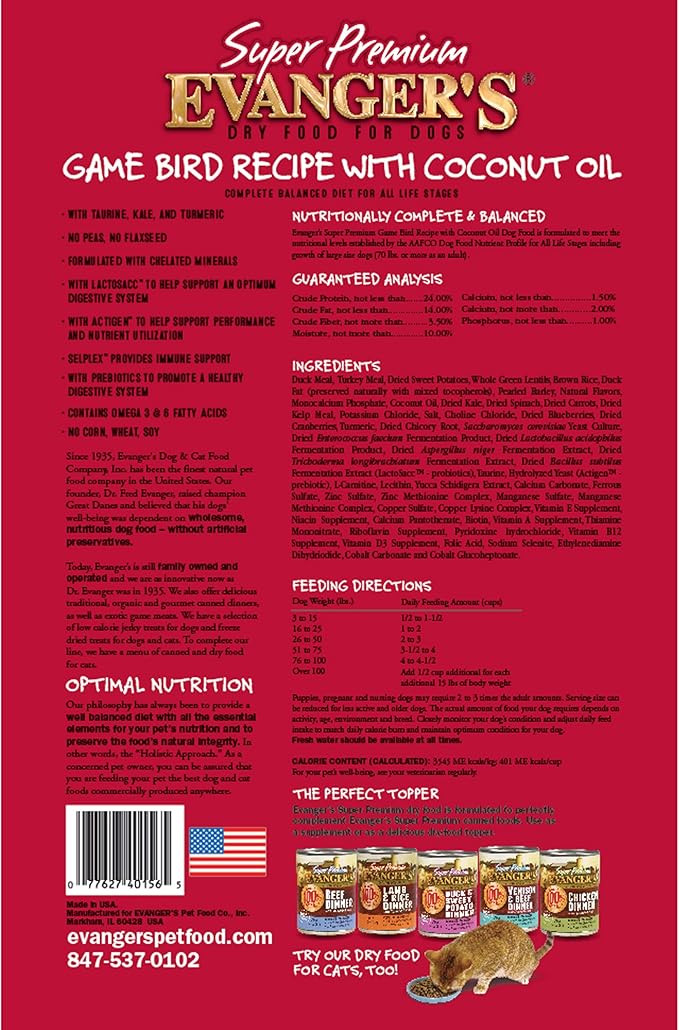 Evanger's Super Gamebird Recipe with Coconut Oil Dry Dog Food – 4.4 lb Bag – Hypoallergenic Duck & Turkey Formula – Grain-Free, Supports Digestive & Coat Health