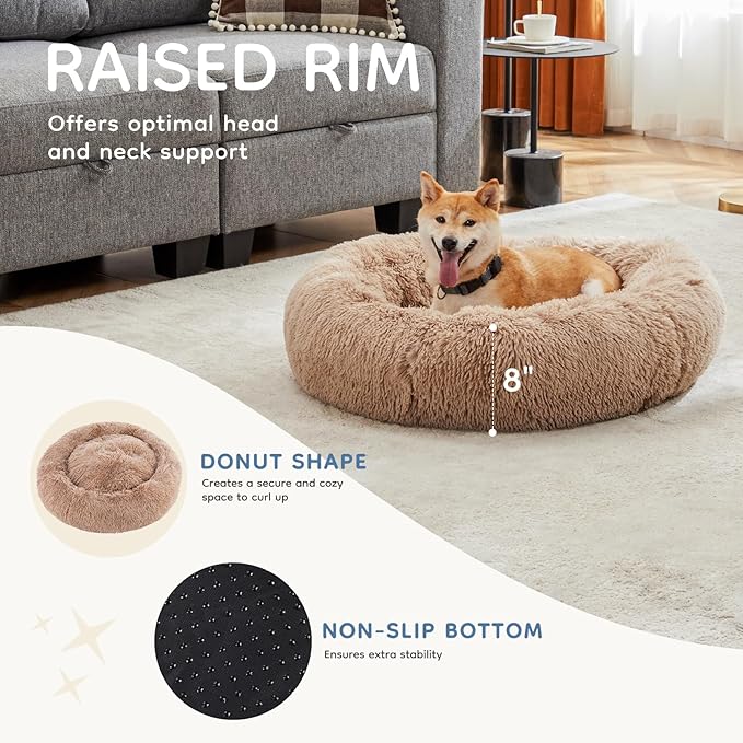 DUMOS 37.4x37.4 Inch Calming Donut Dog Beds for Large Dogs, Machine Washable Cuddler Warming Cozy Fluffy Faux Fur Plush Round Pet Bed, Anti-Slip Bed for Indoor Dogs and Cats, Brown