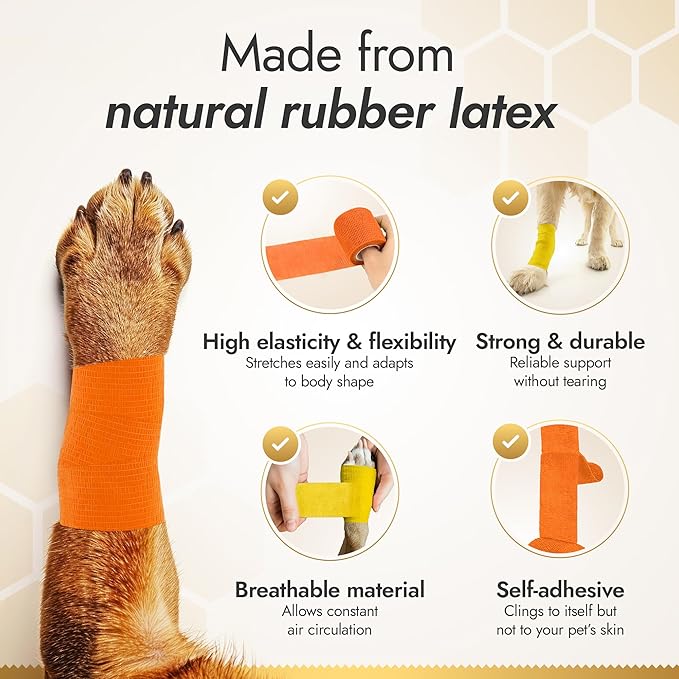 Self-Adhering Elastic Dog Bandages for Wounds – Cat & Dog Bandage Prevents Licking and Scratching – Made from Natural Rubber Latex, the Wrap Sticks to Itself – Set of 9 x 5 cm Rolls