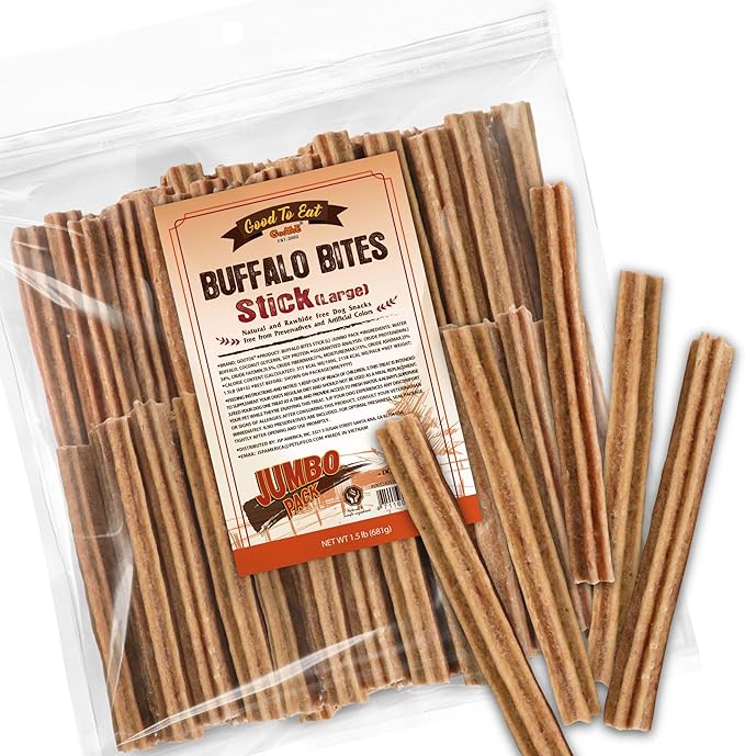 Gootoe Buffalo Dog Treats, Natural Low-Fat Chews for Training & Rewards, Limited Ingredient, Puppy Treats for Medium Dogs, Buffalo Bites Stick (Large), 1.5 lb