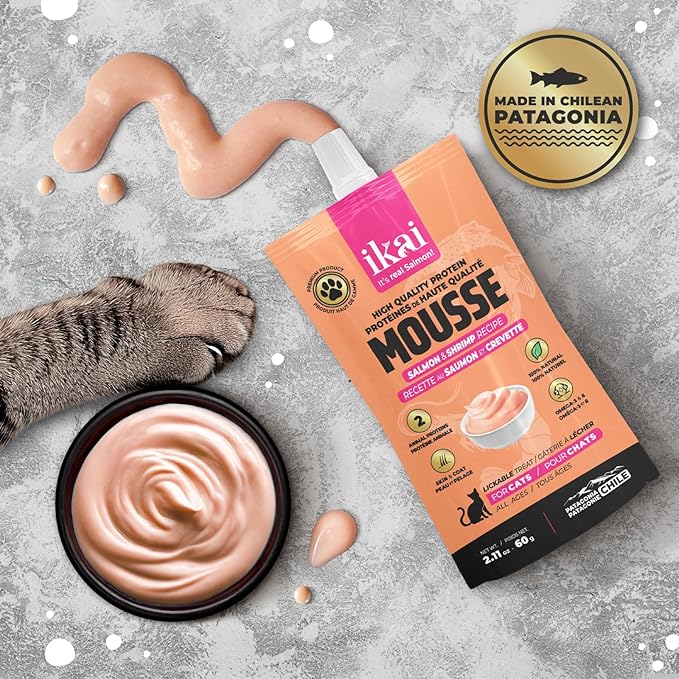 IKAI - Lickable Wet Cat Treats - Patagonian Salmon from Chile, No By-Products, Highly Digestible Protein, with Omega 3 & 6 for Healthy Skin & Glossy Coat - 2.11 oz (16 Pack, Salmon & Shrimp)