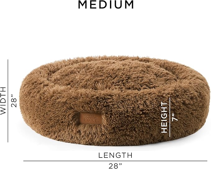 Town & Country Luxe CuddleTown Fuzzy Solid Donut Pet Bed, Soft, Cozy & Calming, Non-Slip Bottom, 100% Machine Washable, Brown, Medium 28"x28"x7" Round