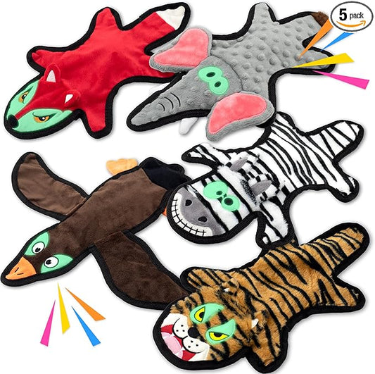 LECHONG No Stuffing Dog Squeaky Toys, Glowing Eyes Crinkle Plush Puppy Toys for Teething Chewing, 5pcs Flat Tough Dog Toys Set for Large Medium Small Dogs to Keep Them Busy