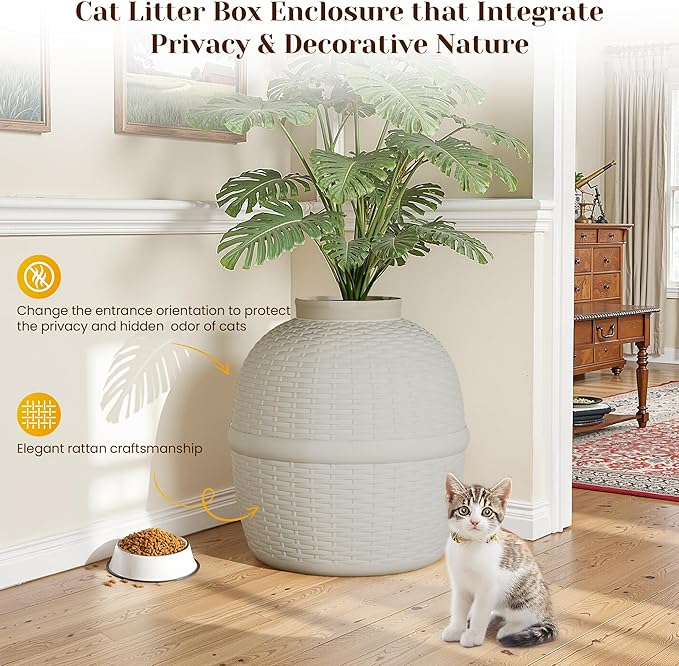 FansaFurn Hidden Litter Box with Faux Plant, Large Cat Litter Box with Rattan Pattern, Heavy Duty PP Material Litter Box Enclosure Furniture for Home Decor, Light Grey