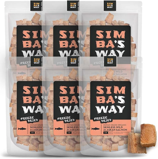 SIMBA'S WAY -Freeze Dried- RAW SKINLESS Wild Caught Alaskan Salmon Dog Treats and Cat Treats, Human Grade, Single Ingredient, All Natural, Grain-Free, Made in The USA. [3 .oz] [6 PK]