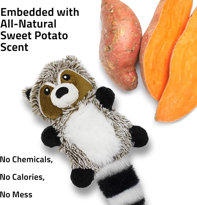 Playology Dog Toys | Plush Racoon Stuffed Animal for Dogs | Sweet Potato Scented Small Squeaky Toy | Plush Chew Toy for Dogs