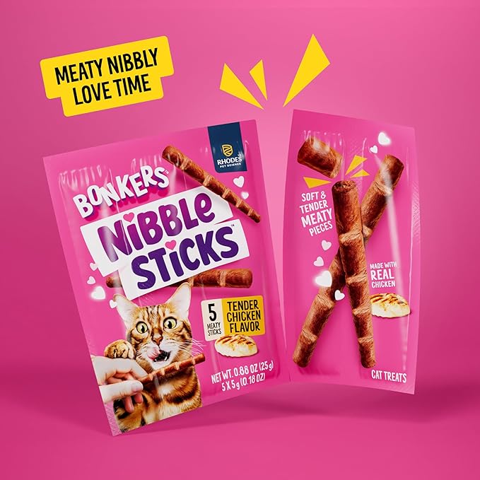 Bonkers Nibble Sticks Soft & Meaty Tender Chicken Flavor Cat Treats, 5 Sticks (Pack of 20)
