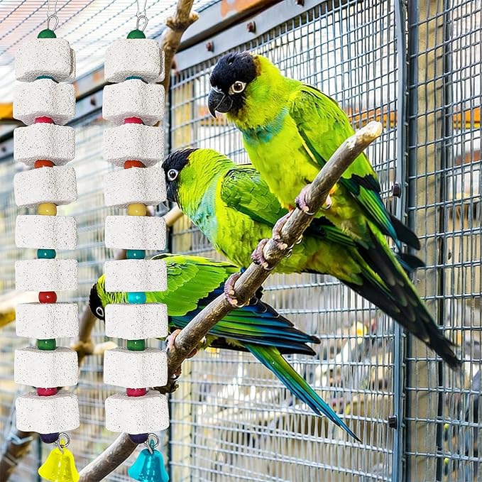 5 Pcs Large Beak Grinding Calcium Stone Bird Chewing Toy with Bells, Pet Cage Accessories for African Grey Parrot Cockatiel Parakeet Chicken Rat Hamster Rabbit Chinchilla