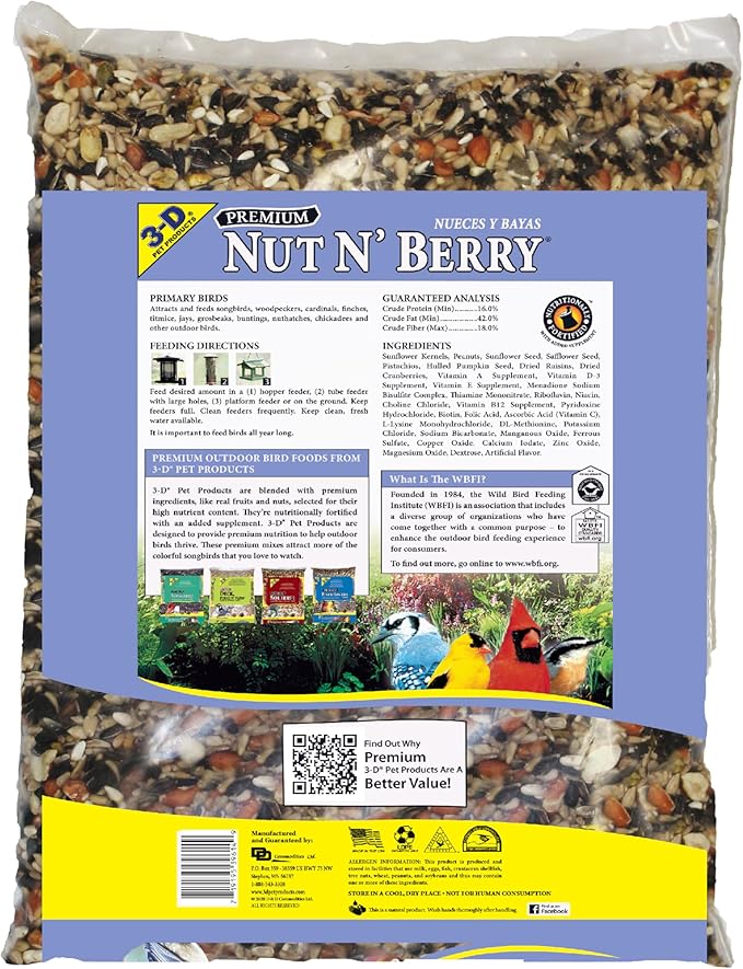 3-D Premium Nut N' Berry Wild Bird Food – Real Fruits, Nuts & Sunflower – No Fillers – Fortified with Vitamins & Electrolytes – Attracts Songbirds, Woodpeckers, Cardinals & More