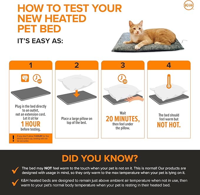 K&H Heated Cat Bed Indoor, Amazin' Thermo-Kitty Pad, Washable Cat Mat with Removable Pet Heating Pad, Traps Hair & Dander, Safety Listed, Gray - 20x15in - 4 Watt