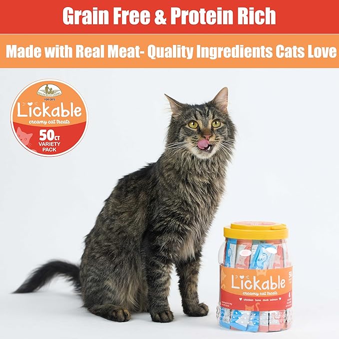 Fieldcrest Farms Lickable Cat Treats, 50 Count Variety Pack — Chicken, Tuna, Duck, Salmon — Thick & Protein-Rich Squeeze Tubes with Taurine, Grain Free, 6 Calories Per Tube