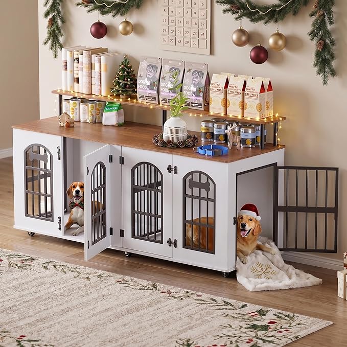Petrova 63" Dog Crate Furniture for 2 Dogs, Heavy Duty Indoor Dog Kennel for Medium/Large Dogs, Wooden Dog Cage with Removable Divider, 6 Lockable Wheels, Storage Compartment, Beige