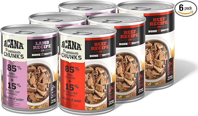 ACANA Premium Chunks in Bone Broth Grain-Free Wet Dog Food Variety Pack: Beef + Lamb Recipes 12.8oz Cans (6 Count, 3 of Each)