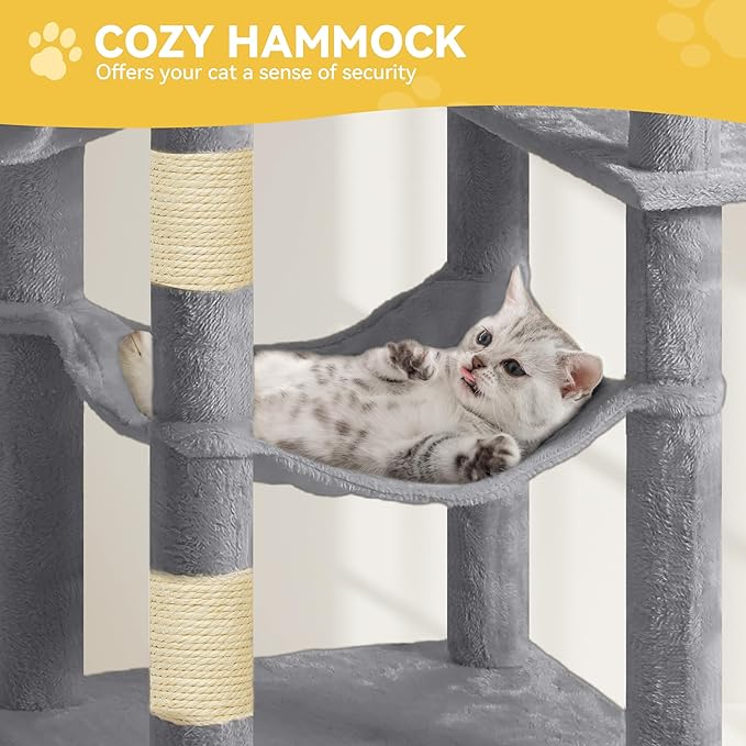 DWVO 64.5" Tall Cat Tree, Multi-Tier Cat Condo with Hammock, Scratching Posts & Play Balls for 2-3 Cats (Light Gray)