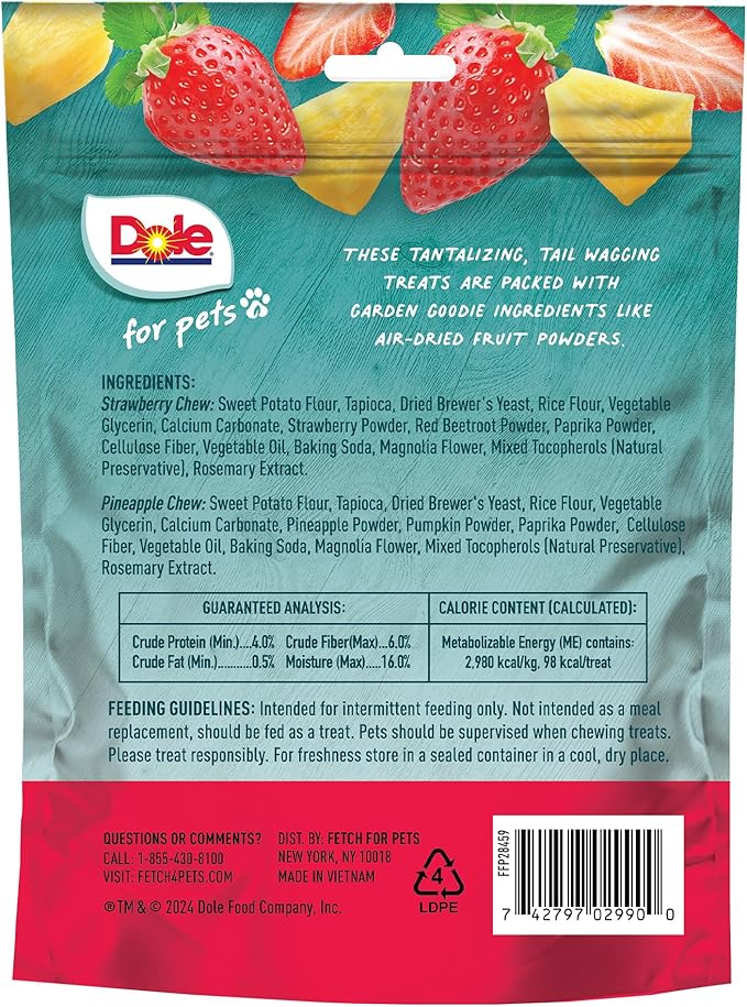 Dole for Pets Dog Chews, Assorted Strawberry + Pineapple Fruit-Flavored Treats, Real Fruit Flavor, No Artificial Colors Flavors or Preservatives, No Wheat Corn Soy, 7.05 Oz Bag