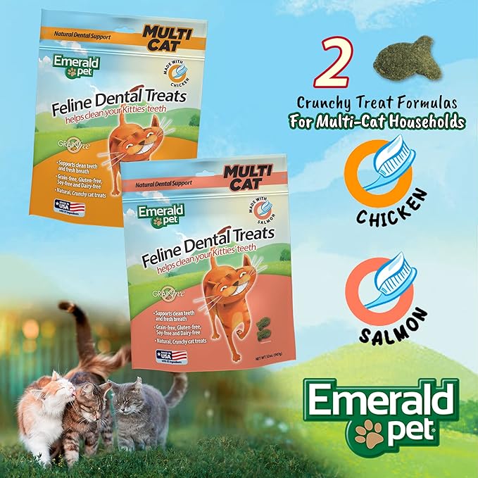 Emerald Pet Grain Free Cat Dental Treats – Crunchy Salmon Cat Treats to Clean Teeth, Reduce Plaque & Tartar, and Freshen Breath – Natural Feline Dental Care, 32 oz