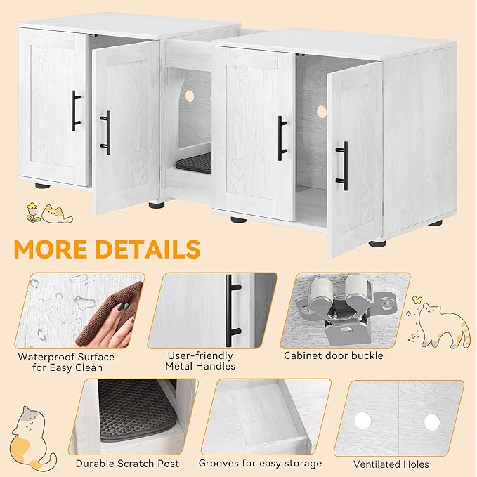 Cat Litter Box Enclosure for 2 Cats,55" Large Hidden Litter Box Furniture with Barn Door & Double Rooms,Modern Indoor Pet House TV Stand Side Table,Cats Washroom,for Bedroom Living Room,White