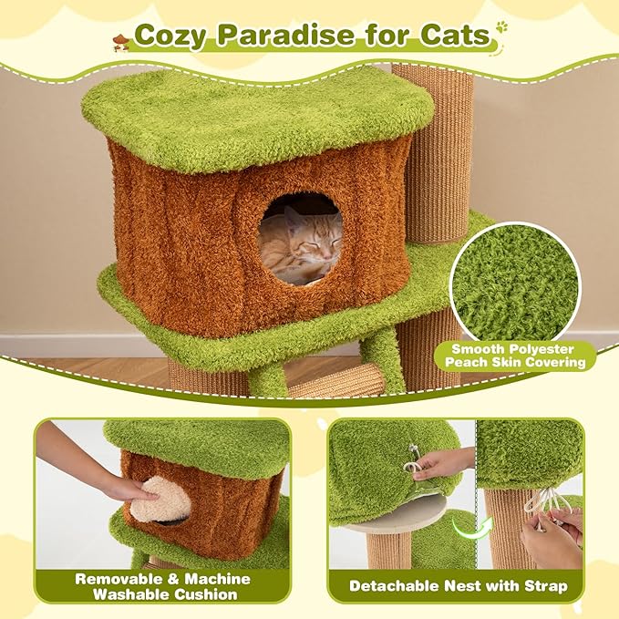 PETSITE 56-inch Forest-Themed Cat Tree, Multi-Level Cat Tower with 2 Cute Condos, Climbing Ladder, Teasing Ball, Sisal Posts, and Removable Cushion, Modern Cute Cat Tree for Indoor Cats