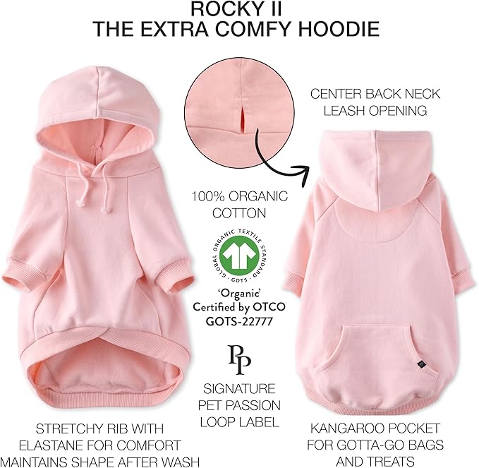 Pet Passion Rocky II - The Extra Comfy Hoodie, Organic Cotton and Recycled Poly Dog Hoodie Pet Coat Sweater for Small, Medium, Large Dogs, Pink, X-Small