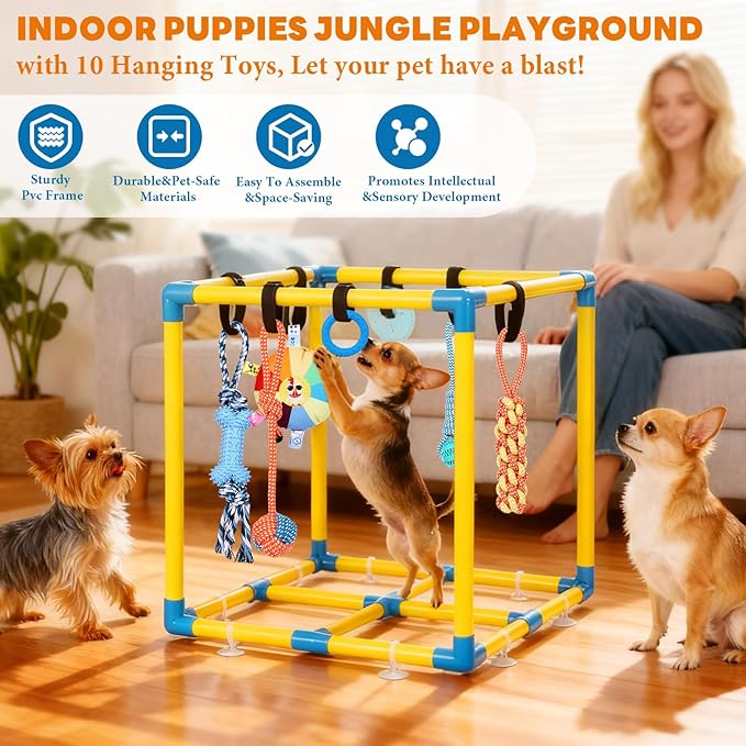 WLLEYAY Puppy Play Gym for Small Dogs with 10 Hanging Toys, Removable Indoor Jungle Gym, PVC Frame with Adjustable Bungee Straps, Interactive Dog Toys Tug Toys for Dogs Rope Toy to Keep Them Busy