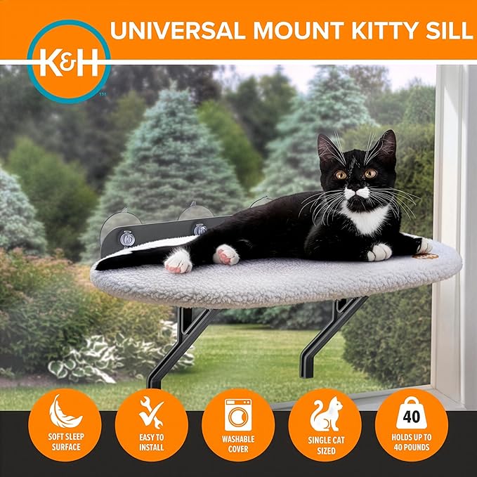 K&H Pet Products Universal Mount Cat Window Perch Bed for Large Cats, Orthopedic Window Hammock Holds 60 lbs, Sturdy Suction Cups, Washable Cover, Indoor Windowsill Furniture Bed - 14 X 24in Fleece