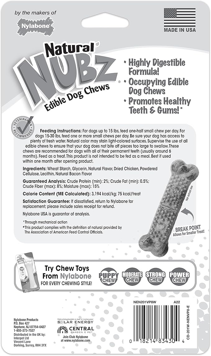 Nylabone Nubz Natural Dog Chew Treats for Small Dogs, Long Lasting Dog Chew Bones Made in USA, Chicken Flavor Breath Freshener Dental Chews, Small Dog Bones for Dogs Up to 25 lbs. (8 Count)