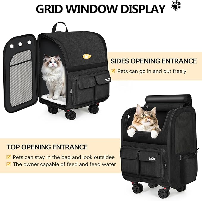 MGB Rolling Cat Carrier with Wheels: Dog Carrier for Small Dogs & Large Cats, Large Cat Carrier with YKK Zipper, Large Capacity, Breathable Mesh, Side Pocket, Black (Not for Airline)