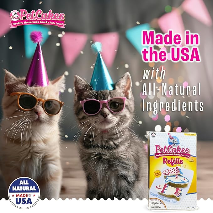 PetCakes Birthday Treat Mix Refills for Cats - Make Healthy Cakes - Includes 1 Cake Mix, 1 Frosting & Candle, Cheese Flavor - Net Wt. 3oz