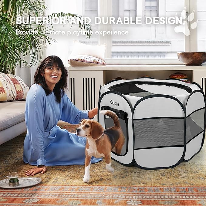 Goozii Pet Cat Playpen for Indoor Cats Enclosed, Puppy Dog Play Pen for Outdoor Travel Camping (Medium Size, Light Grey)