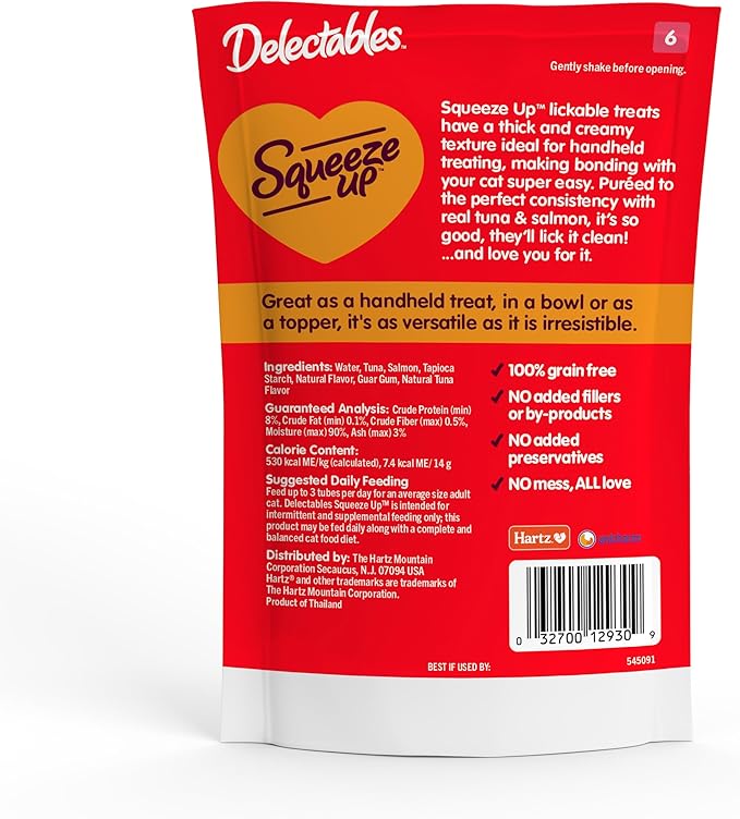 Delectables Squeeze Up Creamy Squeezable Puree, Lickable Wet Cat Treats, Grain Free, No Added Fillers, No By-Products, No Added Preservatives, 0.5 Ounces Tuna & Salmon, 32 Tubes Total