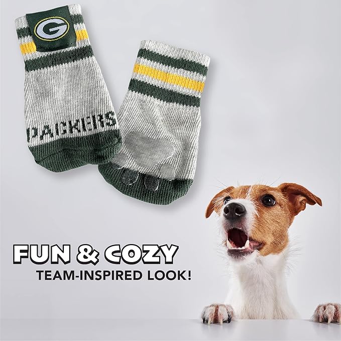 NFL Green Bay Packers Anti Slip Dog Socks with Elastic Ribbed Top, Size Medium/Large. Indoor/Outdoor Socks, Best Dog Paw Protector, 2 Pairs, Cool Puppy Supplies with NFL Logo of Packers Team