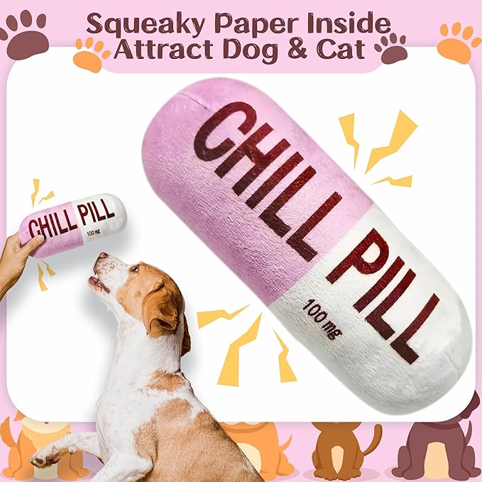 CUweipeng Funny Dog Squeaky Toy - Pink Chill Pill Capsule Shaped Teething Squeak Plush Pet Toy Bite Kick Indoor Interactive Training Play Supply for Small Dog Cat Present Pet Lover Gift Photo Props